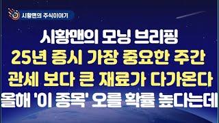 모닝 브리핑. 증시 올해 가장 중요한 주간 돌입. 관세 보다 더 큰 재료 다가온다. 작년 1월에는 급반등 나온 수급. 이번에는 다를까? 이 종목 올해 오를 확률 높다는데. 실제는?