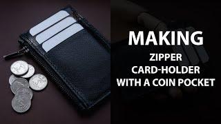 Making zipper leather wallet. Coins pocket card holder. Leather craft