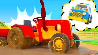 The tractor needs help! The police car saves the tractor for kids. Farm vehicles cartoons for kids.