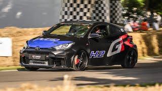 Hydrogen power, take two! Rowan Atkinson drives NEW hydrogen-powered Toyota GR Yaris H2 at Goodwood