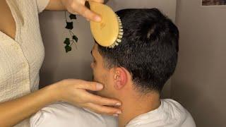 ASMR head massage & hair play for relaxation/skin tracing & hair brushing on real person [whisper]