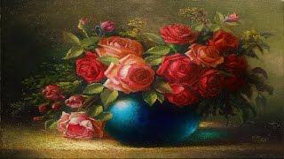 Oil painting vase with roses by Yasser Fayad