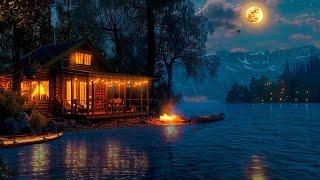 Smooth Jazz Music in a Moonlit Summer Lakeside Cabin Enjoy Cozy Fireplace & Gentle Waves for Relax