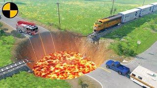 Trains vs Giant Crater  BeamNG.Drive