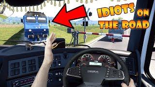 IDIOTS on the road #110 | HIT by train and got KICKED | Funny moments - ETS2 Multiplayer