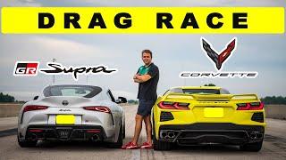 2021 Corvette C8 Convertible vs 2021 Toyota Supra 3.0 GR, comparison and drag race!