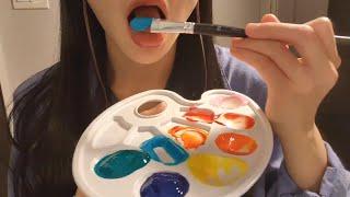 ASMR 물감 먹기 스핏페인팅 그리고 입소리 / Real Spit Painting With paint & Mouth Sounds