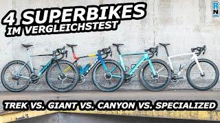 4 superbikes in a comparison test: Tarmac SL8, Madone SLR, Propel SL and Aeroad CFR