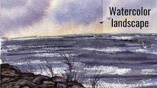 Easy watercolor landscape with 4 colors / Seascape with dramatic sky and rocks in limited palette