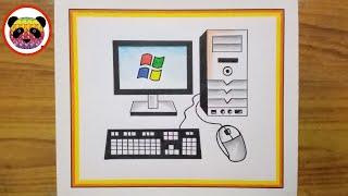 How to Draw Desktop Computer Step By Step / Computer Parts Drawing / Computer Drawing