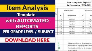 ITEM ANALYSIS TEMPLATE with AUTOMATED REPORT