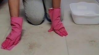 ASMR~ Cleaning... sweeping and scrubbing the bathroom floor... Rubber gloves:) No talking!!