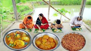 ডিমের কারি,ওলের কোপ্তা আর ওলের ঝুরি ভাজা দিয়ে আজ দুপুরের রান্না আর খাওয়া || egg curry recipe