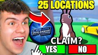 *THE HUNT* How To Find ALL 25 BUNNY LOCATIONS In Roblox Car Dealership Tycoon! For THE HUNT BADGE!