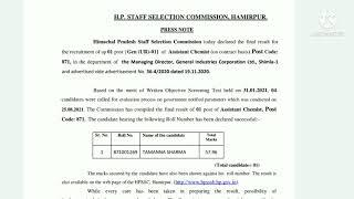 HPSSC Hamirpur Final Result of Assistant Chemist 871 Post Code Cutoff Waiting Panel