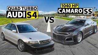 Quad Turbo Audi S4 vs 1040hp Camaro SS in NO PREP Drag Race!