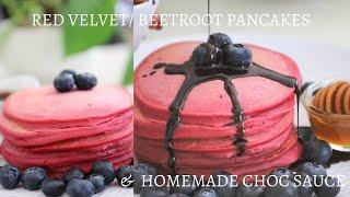 Beet Pancake recipe & Homemade Choc Sauce. Red Velvet Pancakes