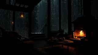 Cozy Rain Ambience in Cozy Wooden House in the forest with Rain falling on window and Crackling Fire