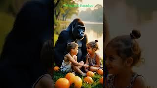 "Playful Gorilla Interacts with Two Kids by the River"#monkey #wildwonders #gorilla #cute