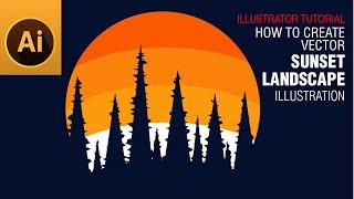 Sunset Landscape with Trees Silhouettes Illustration | AllFreePik | Adobe Illustrator Tutorial