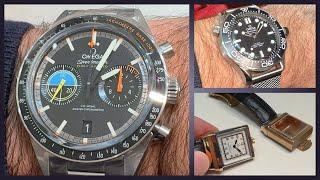 On the wrist: Omega Speedmaster Pilot, Black Seamaster Diver 300M, Museum no. 7