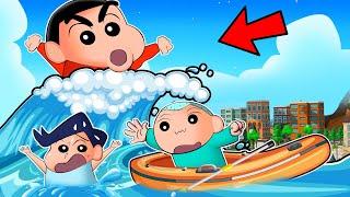 Shinchan Became Mega Tsunami To Eat His Friends  | Roblox Be A Tsunami | Funny Game 