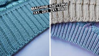 Machine knitting - How to cast on 1x1, 2x2 and 2x1 rib on. Waste yarn cast on ribs (brother)