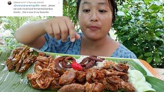 Eating deep fried pork intestine and cooked innards in bamboo shoots|| northeast naga mukbang