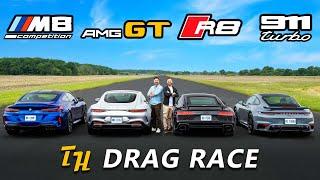 New AMG GT vs M8 Comp vs Audi R8 vs 911 Turbo // DRAG & ROLL RACE