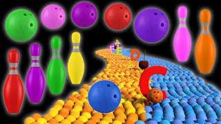 Learning Fun Adventure: Bowling Ball Smashes Kinetic Sand Letters, Fruits, and Bowling Pins! 