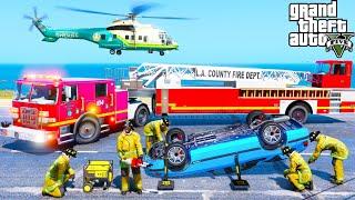 GTA 5 Firefighter Mod LA Tiller Ladder Extricating Pinned Victim From A Car Crash + Sheriff Medevac