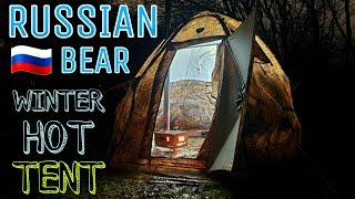 Unbelievable hot tent camp in a Russian bear hot tent | Hot tent camping in wind & rain.