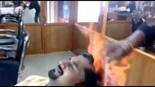 Cutting hair with fire gone wrong funny video