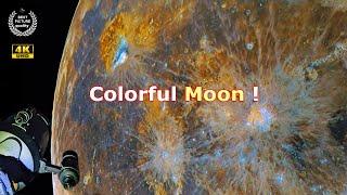 COLORFUL MOON 2 shooting through a telescope 4k. Сolor lunar surface