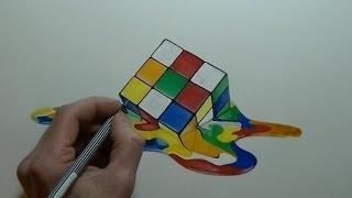 Drawing 3D rubik's Cube - effect melted - Time Lapse