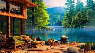 Soothing Jazz Piano Music in a Cozy Lake House Summer Ambience with Warm Fireplace Sounds for Relax