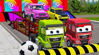 TRANSPORTING PIXAR CARS & FRUITS WITH COLORED & JOHN DEERE vs CLAAS vs TRACTORS - BeamNG.drive