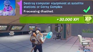 Destroy computer equipment at satellite stations or Corny Complex - Fortnite