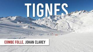 Skiing 'combe folle' (red) and 'Johan Clarey' (black) pistes in Tignes Val d'Isere.