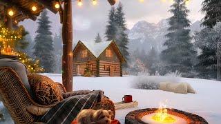 Morning Cozy Porch in Forest Ambience, Soft Snow falling , Crackling Bonfire & WInter Nature Sounds