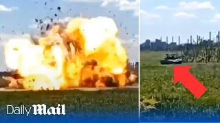 Moment Russian tank explodes following a Ukrainian drone strike