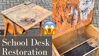 VINTAGE School Desk RESTORATION. Custom Brass Inlay and Walnut veneer.