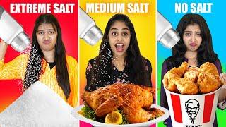 EXTREME SALT Vs MEDIUM SALT Vs NO SALT FOOD EATING CHALLENGE  | PULLOTHI