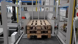 PALLETIZING ISLAND with double robotic palletizer, automatic pallet dispenser and stretch wrapper