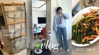 Vlog 자취 브이로그 원룸 인테리어 전신거울 언박싱. 자취요리. 갓생 ing..집들이 음식. 파김치 만들기 | 지혜사랑