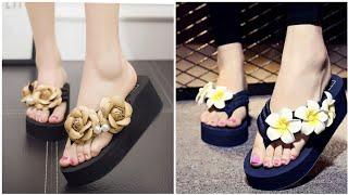 most beautiful and stylish women foot wear collection of flip flop wedge high heel slippers designs