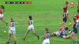 Tayla Harris drops Nicola Barr with a hard tackle