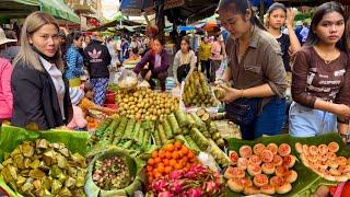 Cambodian street food at Phnom Penh market 2024 - Delicious plenty fruits, Khmer cake & more food