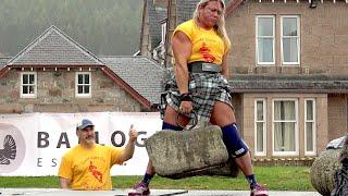Donna Moore the World's Strongest Woman successfully lifts the 733 lbs Scottish Dinnie Stones 2019