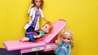 At the Doctor ! Elsa and Anna toddlers  - One is sick - Barbie helps